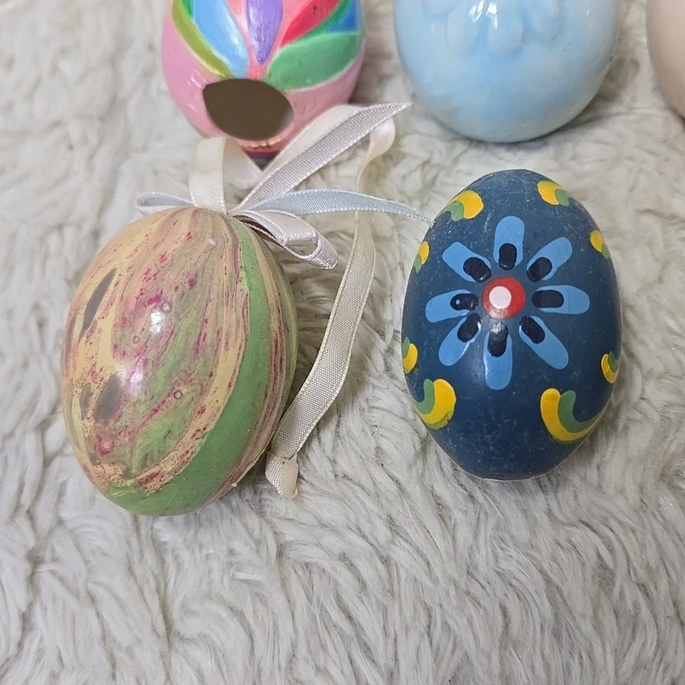 Vintage Easter Egg Tree Ornaments Lot of 10 Hand Painted Wooden Ceramic European